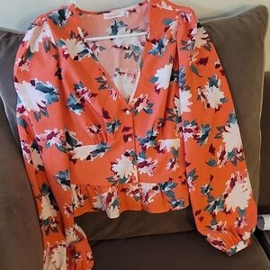 Shoe Dazzle Orange Floral Blouse